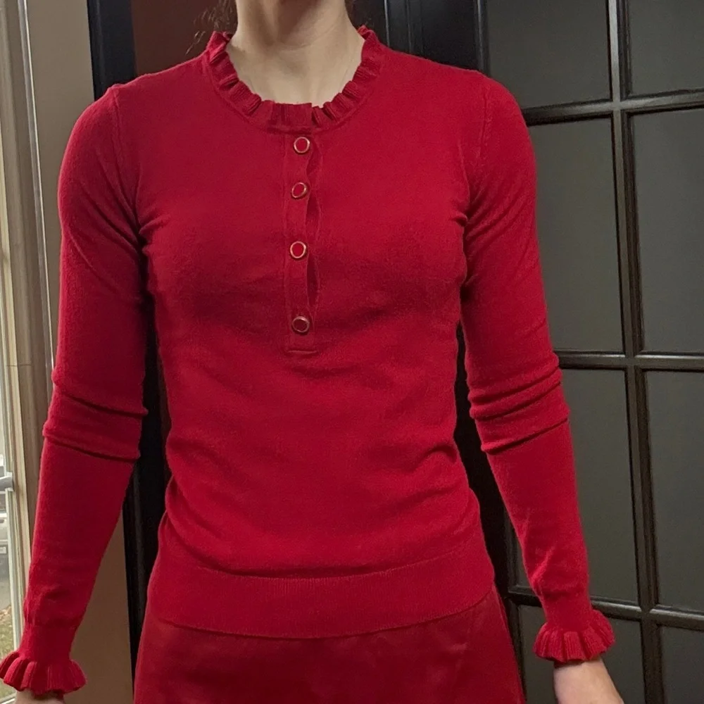 Chic Red Button-Up Ruffle Shirt - Picture 1 of 7
